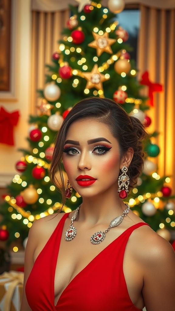 A model with glamorous Christmas makeup in a red dress, standing in front of a decorated Christmas tree.